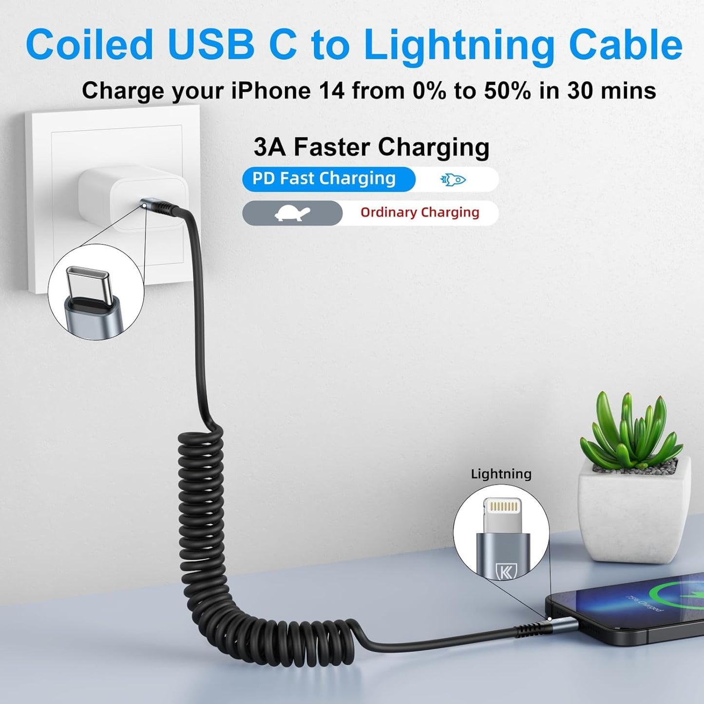 USB C to Lightning Cable 3FT 2Pack, Coiled iPhone Charger Fast Charging for Car [Apple MFi Certified] Short USBC iPhone Cord Compatible with iPhone14/13/12/11 Pro Max/XS MAX/8/Plus/iPad/CarPlay