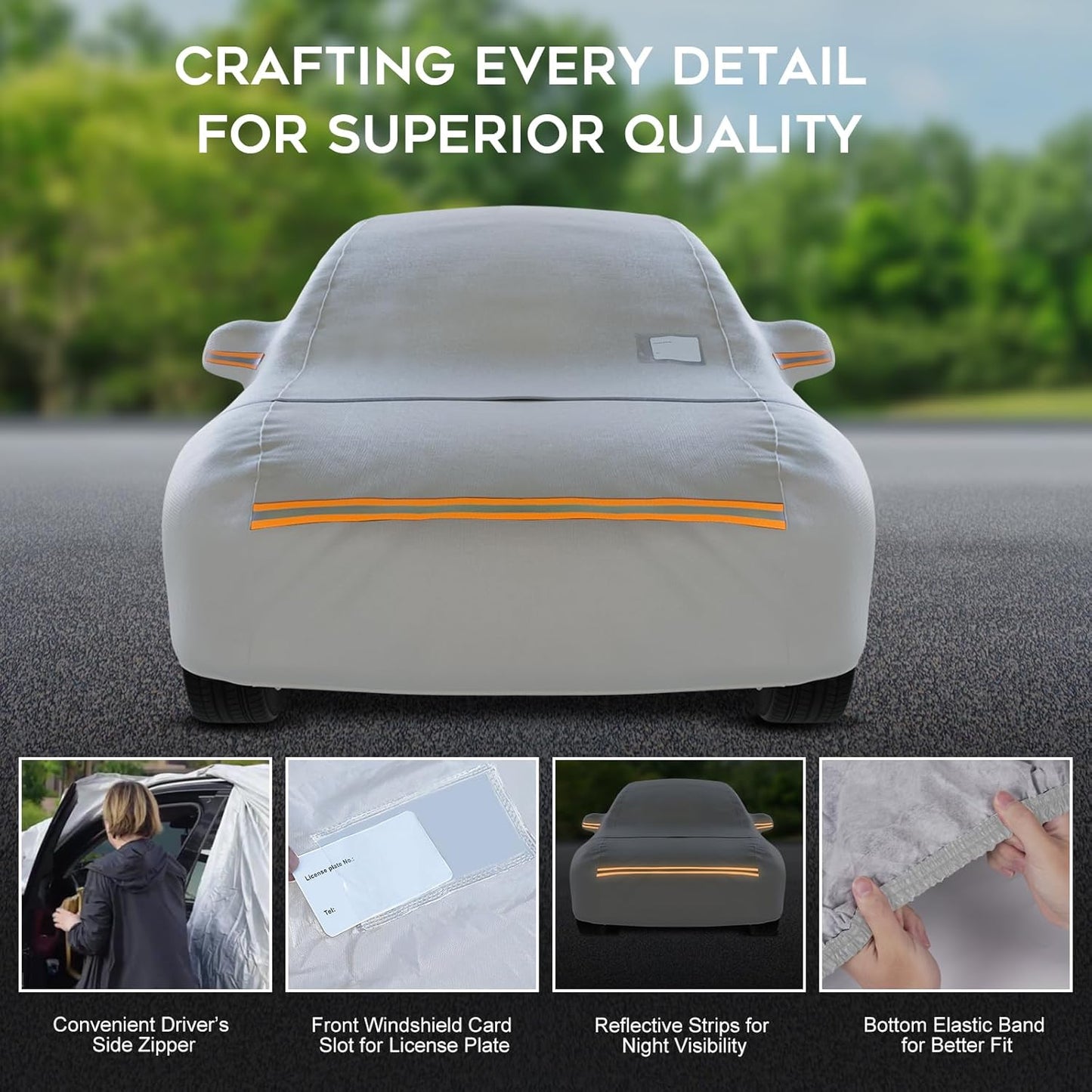 Waterproof Hatchback Car Cover: 6-Layer Protection from Rain, Snow, UV & Dust - Universal Fit up to 169 inches with Zipper Door & Windproof Straps for Outdoor, Garage, Travel Use,Silver