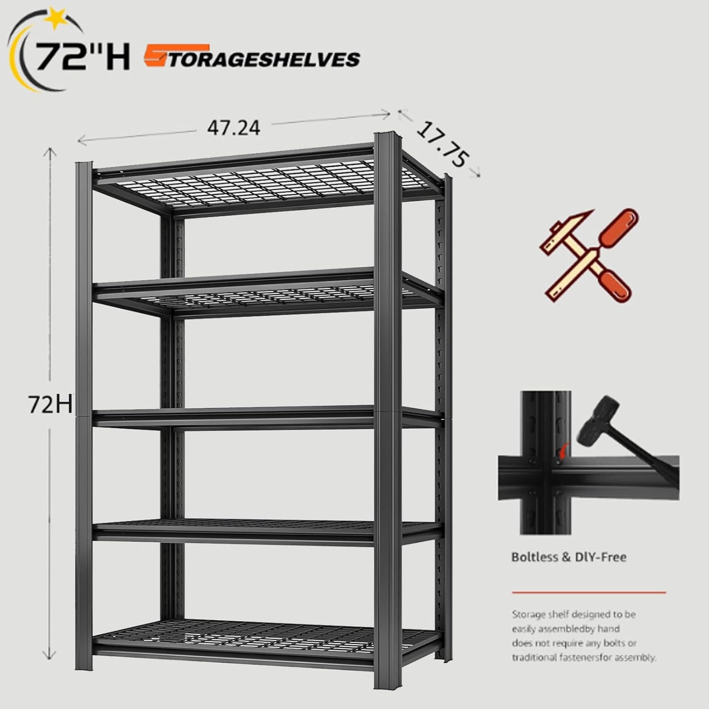 5 Tier Metal Shelving Unit, Adjustable Storage Shelves, 72" H x 47.47" W x 17.75" D Heavy Duty Garage Shelves for Warehouse, Basement, Kitchen, Pantry, Living Room, Black
