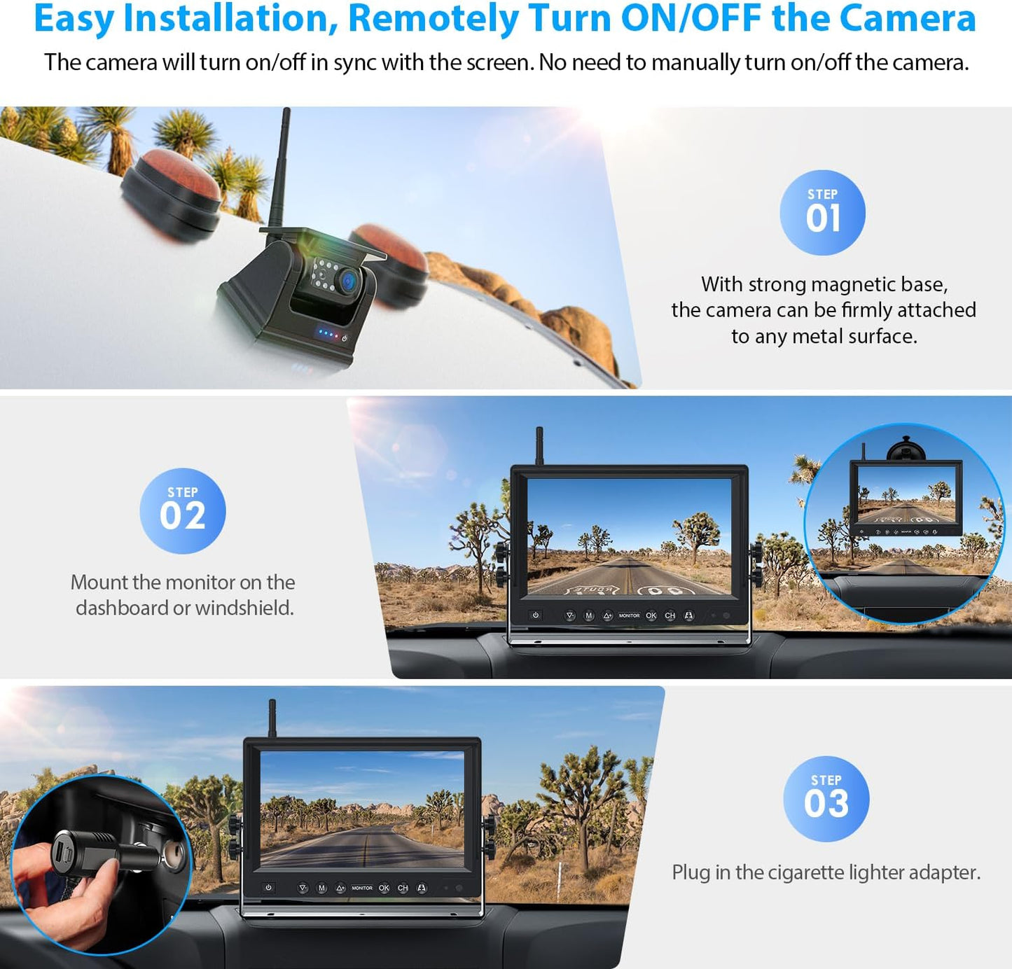 4 Magnetic Solar Wireless Backup Camera HD1080P 9" Loop Recording Monitor, Quad RV Rearview Backup Cameras Wireless System for Trailer RV Trucks, Built-in 9600mAh Solar Battery, BL904