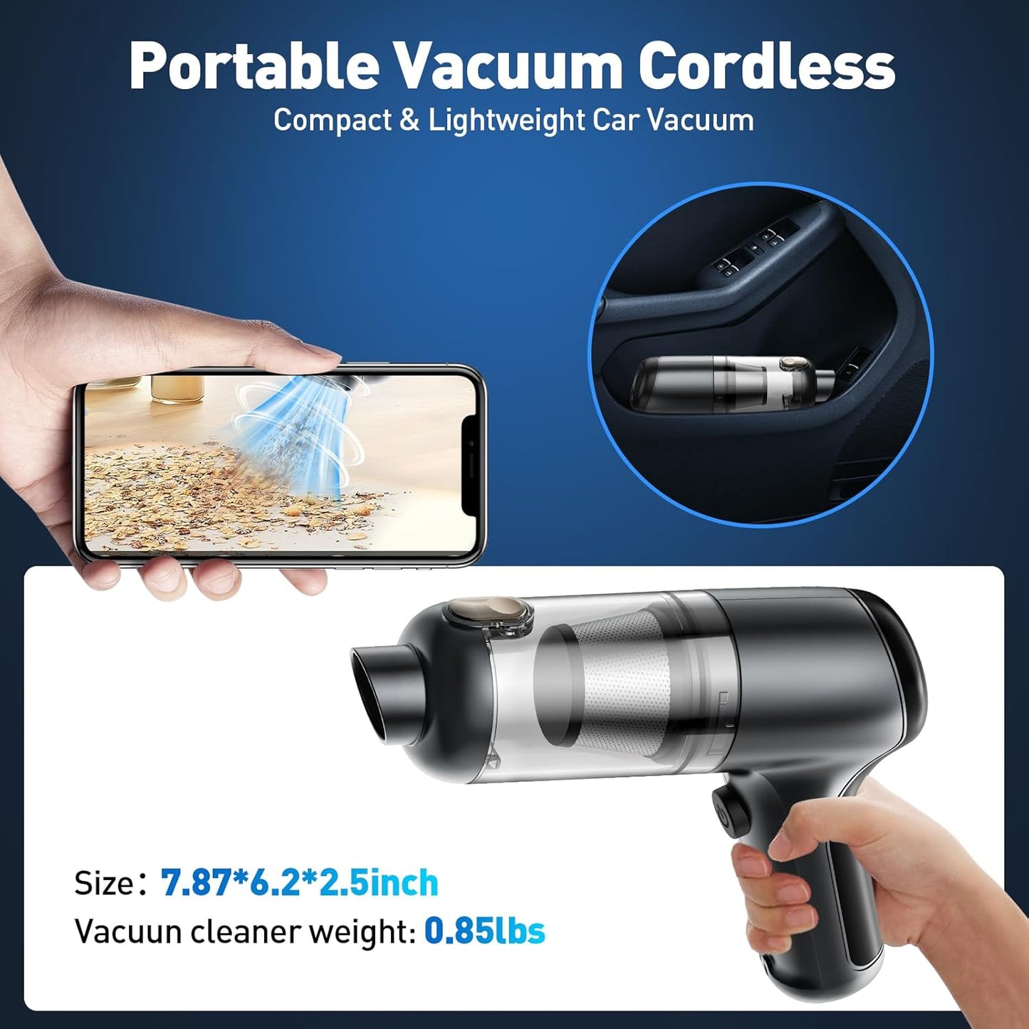 Mini Vacuum Cleaner, 120W High Power Handheld Car Vacuum Cleaner, 2 in 1 Air Duster and Hand Held Vacuum Portable Cordless, Rechargeable Small Vacuum for Car, Home, Office, Pet（Black）