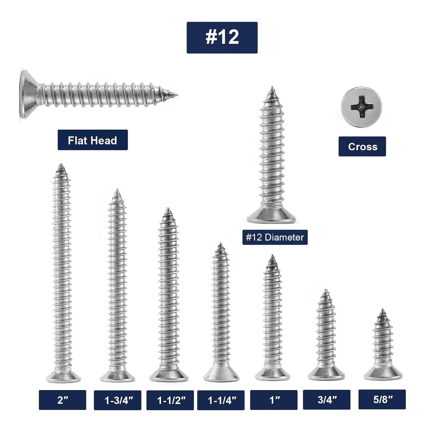 #12 x 2 Wood Screw 100Pcs 18-8 (304) Stainless Steel Screws Flat Head Phillips Fast Self Tapping Drywall Screws by SG TZH
