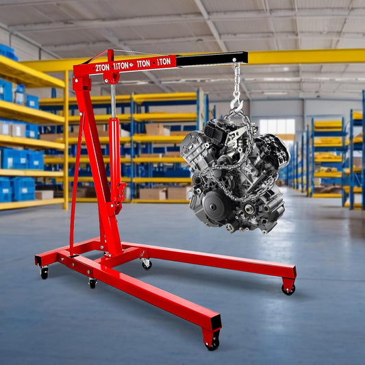 RQR Engine Hoist 2 Ton, Hydraulic Cherry Picker Engine Lift Crane with Leveler, Foldable Shop Crane with Adjustable Boom & 6 Caster Wheels, Heavy Duty Motor Hoist for Garage Engine Jack Lifting