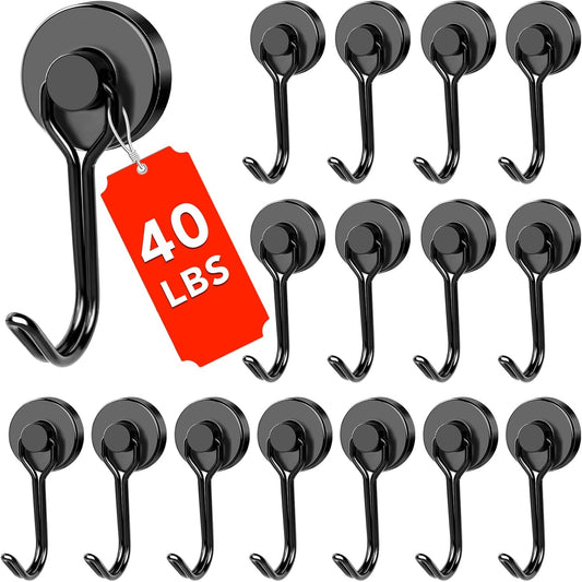 DIYMAG Black Magnetic Hooks, 40LBS Strong Magnetics Heavy Duty, Magnet Hook with Metal Hanger for Hanging Refrigerator Home Kitchen Office, 16Pack
