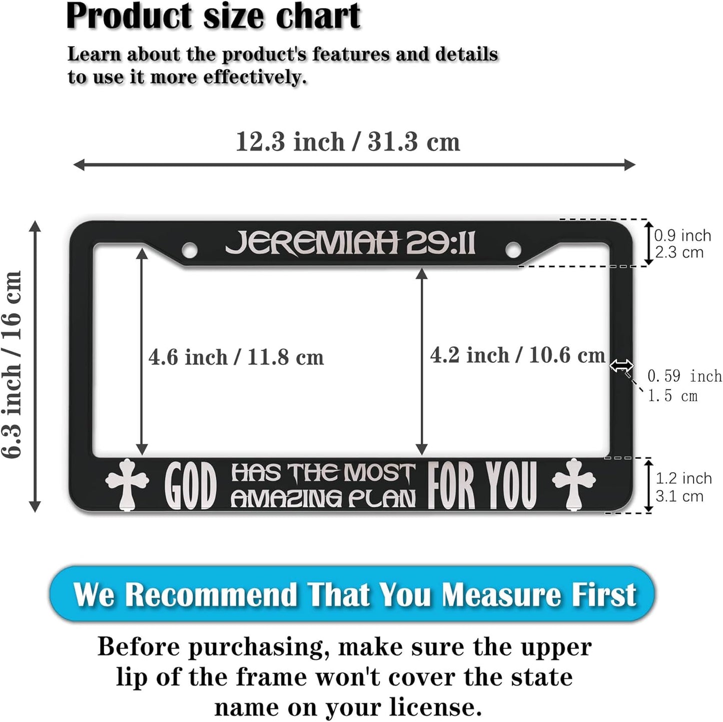 Plate Cover for Car Black and White License Plate Frames Jeremiah 29:11 God Has The Most Amazing Plan for You Aluminum Metal Car Accessory 2 Pack with Screw Covers Set
