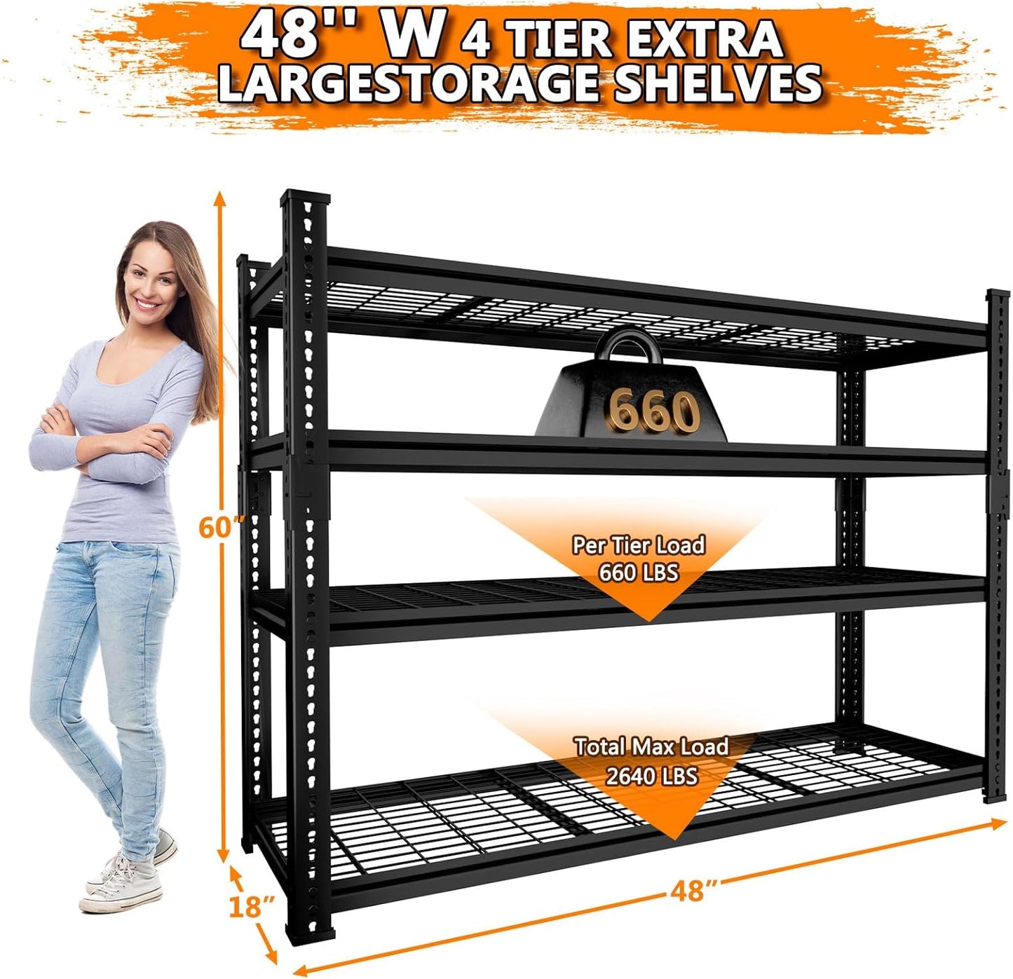 Storage Shelves Heavy Duty, 48"L x 18"W x 60"H Garage Wire Shelving Unit Loads 2640LBS, 4-tier Adjustable Metal Industrial Utility Shelf Rack for Kitchen, Laundry Room, Pantry, Warehouse, Basement