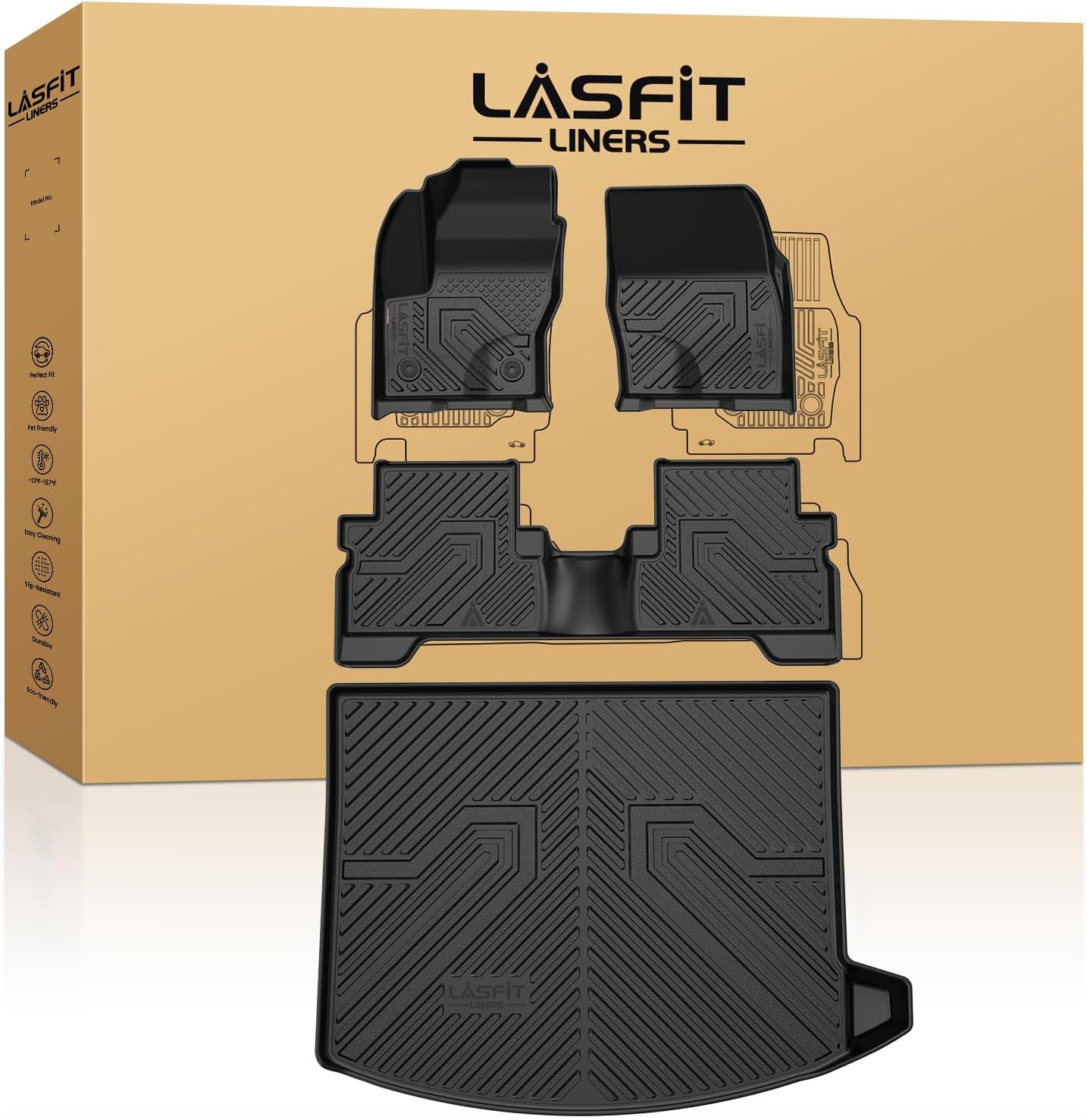LASFIT Floor Mats and Cargo Liner(Lower Position) for Ford Escape 2013-2019 All Weather Protector TPE Custom Fit Car Floor Liners, 1st & 2nd Row & Trunk Mat Combo Set, 4PCS Black