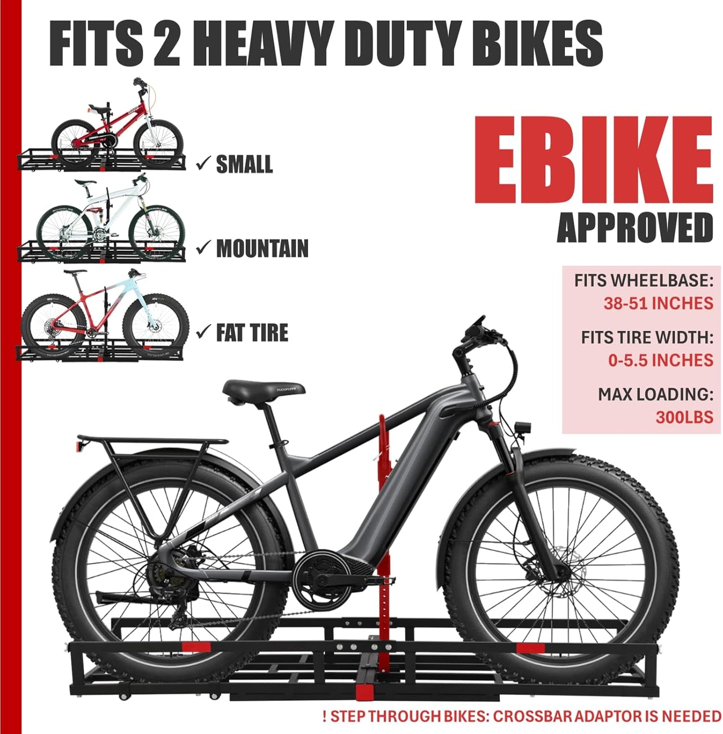 Hitch-Mount Bike Rack for Ebike Heavy-Duty - Comes with Cargo Carrier Fits 2 Electric Fat-Tire Mountain Bicycles Fits 2" Receiver for Car Trailer SUV Truck RV Minivan (Red)