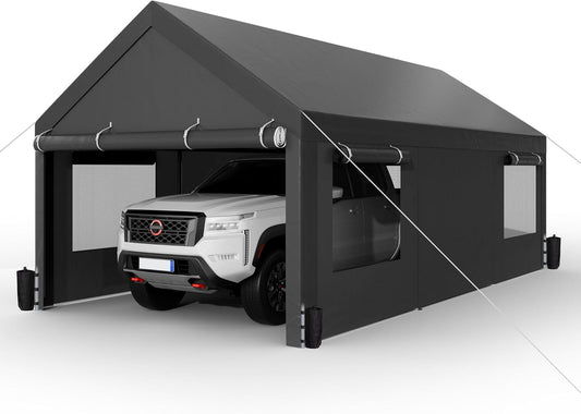 Shintenchi Carport 10' x 20' Heavy Duty Portable Garage, Car Port Canopy with Side-Opening Removable Door & Roll-Up Windows, Car Canopy for Truck,Car,Boat,Motorcycle,Grey