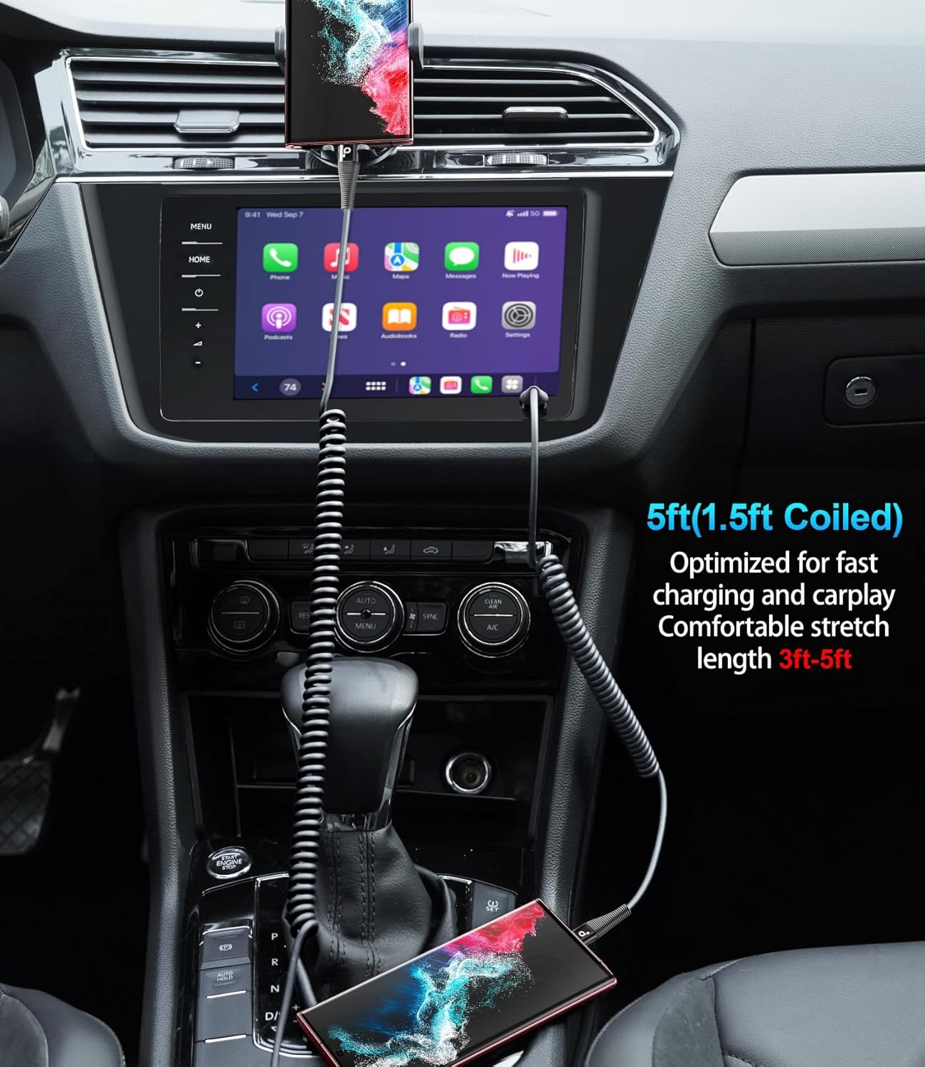 Coiled USB C to C Cable for Car 5FT, USB Type C Charger Cable 100W Short USBC Fast Charging Cable for iPhone 16/15/Pro/Plus/Pro Max/Samsung Galaxy S23, Compatible All Type C Devices-Black 2Pack