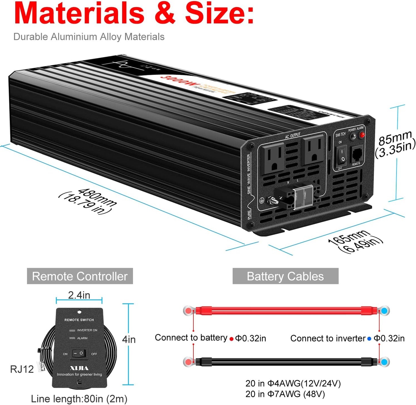 Xijia 3000W (Peak Power 6000W) Pure Sine Wave Inverter DC 72V to AC 120V 60HZ Solar Converter for Home Use car (DC72V (Range 60V-90V) 3000W)