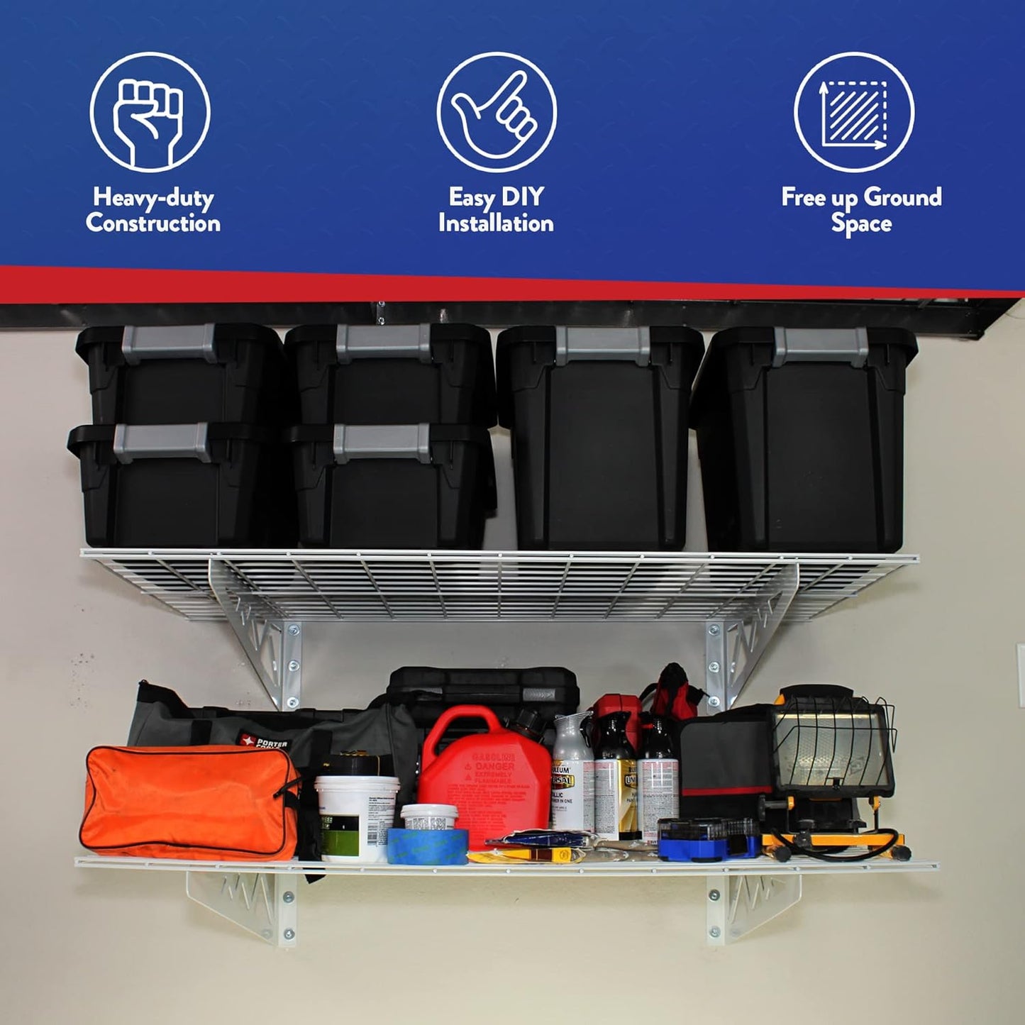 SafeRacks Garage Wall Shelves - 2 Pack Combo Set with 4 Hanging Hooks