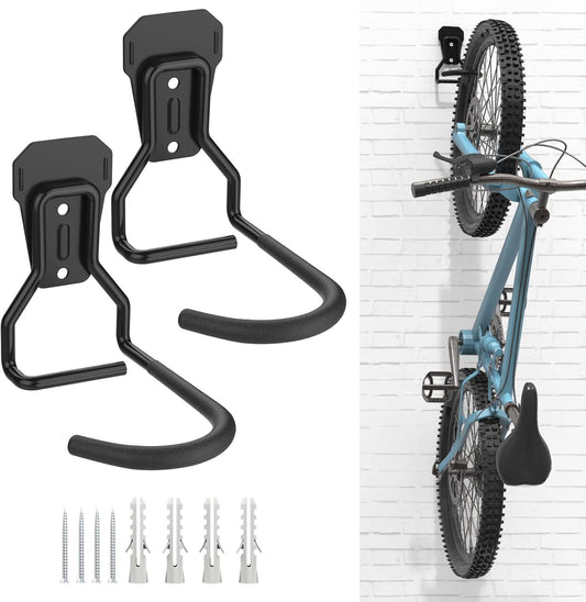 Bike Wall Mount with Fixed Hook, [2 Pack] Heavy Duty Bike Storage Rack, Bike Rack Vertical Stand for Garage - Easily Hang/Detach - with Screws Iron Bike Hanger Brackets