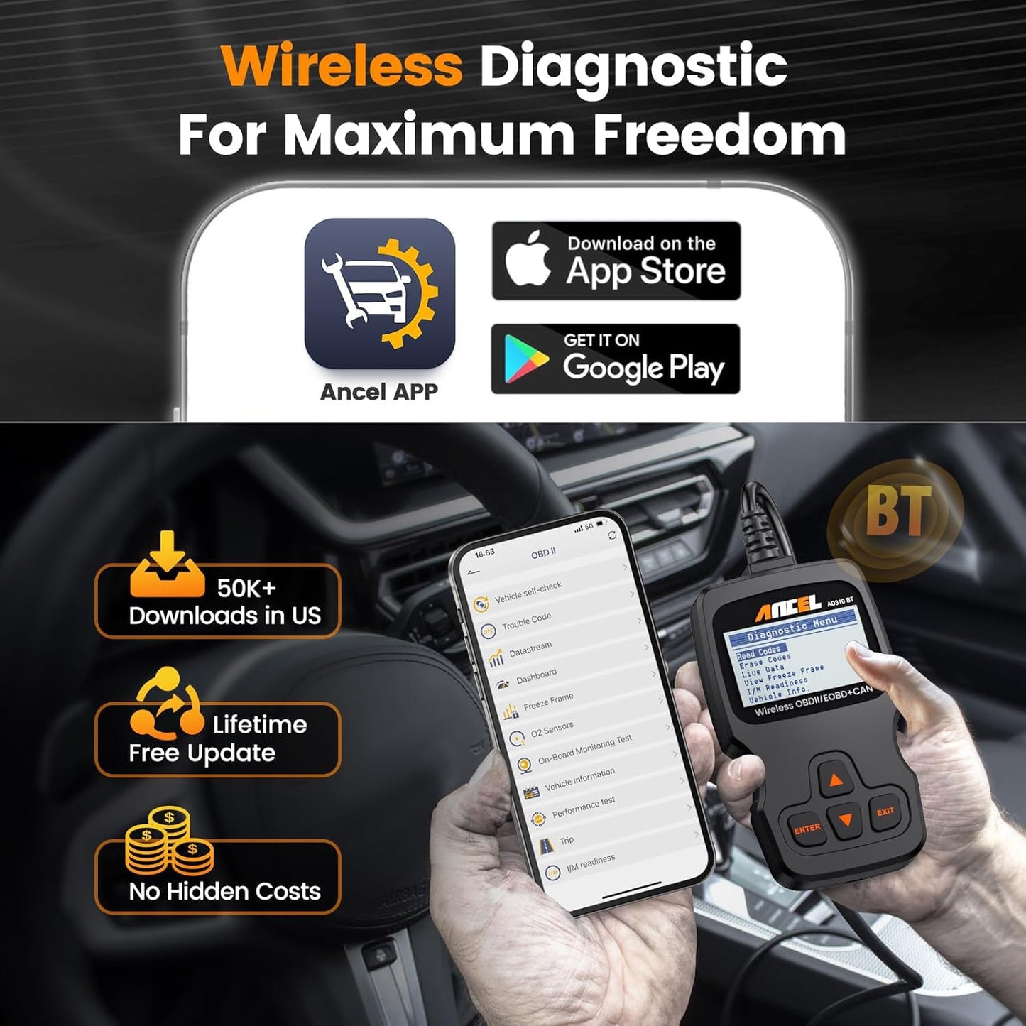 (Upgraded AD310) ANCEL AD310BT OBD2 Scanner Bluetooth - Check Engine Code Reader, Escaner Automotriz with Premium App On iOS & Android, Car Diagnostic Scanner for All Vehicles After 1996