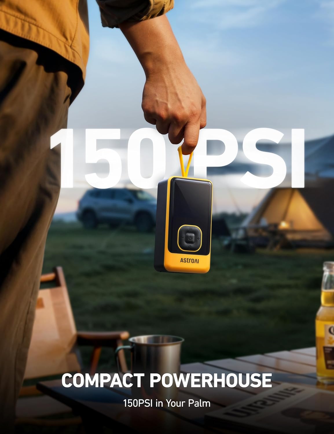 AstroAI L7 Air Tire Inflator Portable Air Compressor, 150PSI Electric Cordless Bike Pump with Fast 1-min Inflation, Auto Shutoff, LED Light – Rechargeable for Car, SUV, Motorcycle, Bike Tires, Yellow