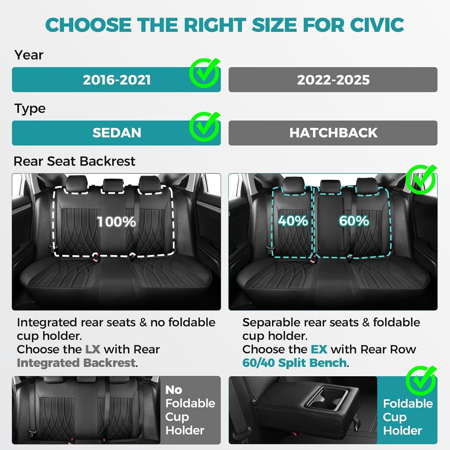 Seat Covers for Honda Civic Sedan EX-L, EX-T, EX, Touring, LX-P, Sport 2016 2017 2018 2019 2020 2021, Faux Leather Car Seats Cover Full Set(Rear Row 40/60 Split & Folding Backrest)-Black