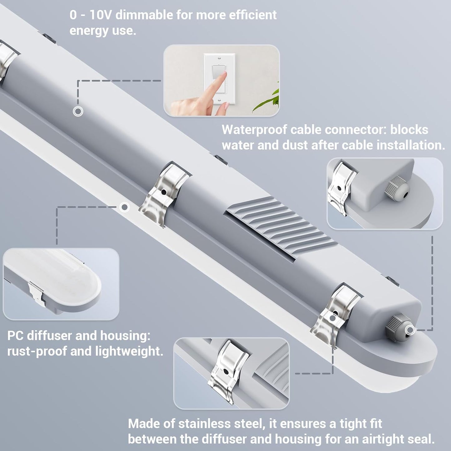 JTT 8FT LED Vapor Tight Light 120/100/80W Tunable, 18000lm LED Vapor Proof Lighting Fixture IP66, 5000K/4000K/3000K Outdoor Shop Light Waterproof for Parking Garage Car Wash Warehouse ETL Listed