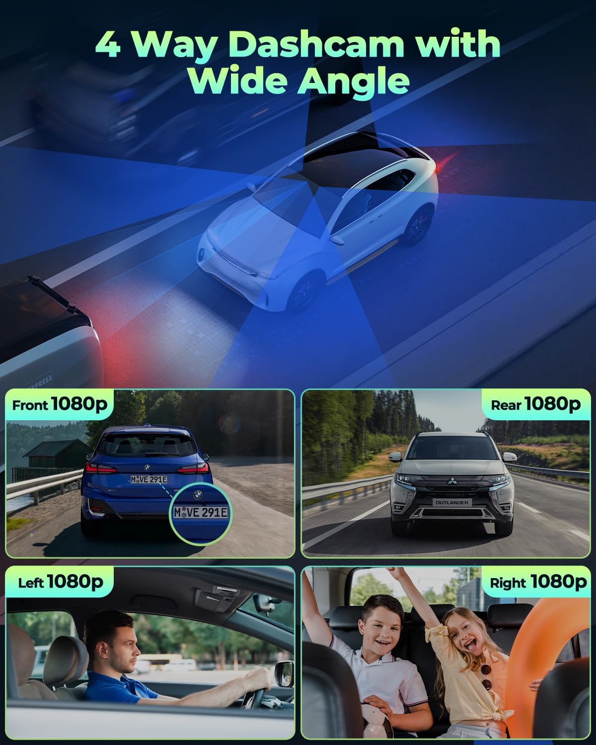 LAMTTO Dash Cam Front and Rear Inside with Hardwire Kit for 24h Security Parking Monitor, 360 Degree View 4 Channel 1080P Dash Camera for Cars Left Right, IR Night Vision Dashcam, Free 128GB Card