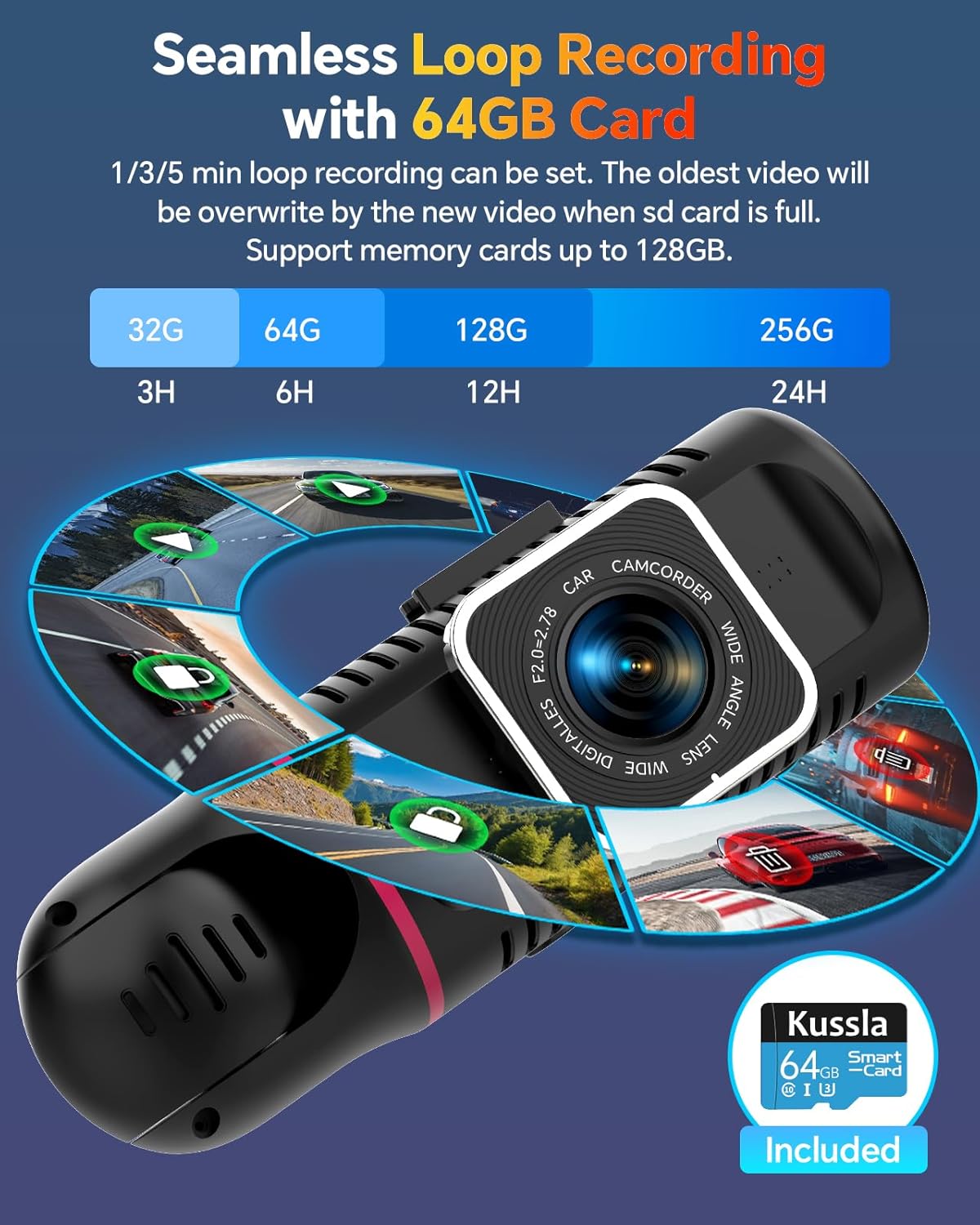 Dash Cam Front and Rear Inside, 1080P 3 Channel Dash Camera for Cars with 64GB Card, Super Night Vision Dashcam, Car Camera with Loop Recording, G-Sensor, WDR, 24H Parking Monitor