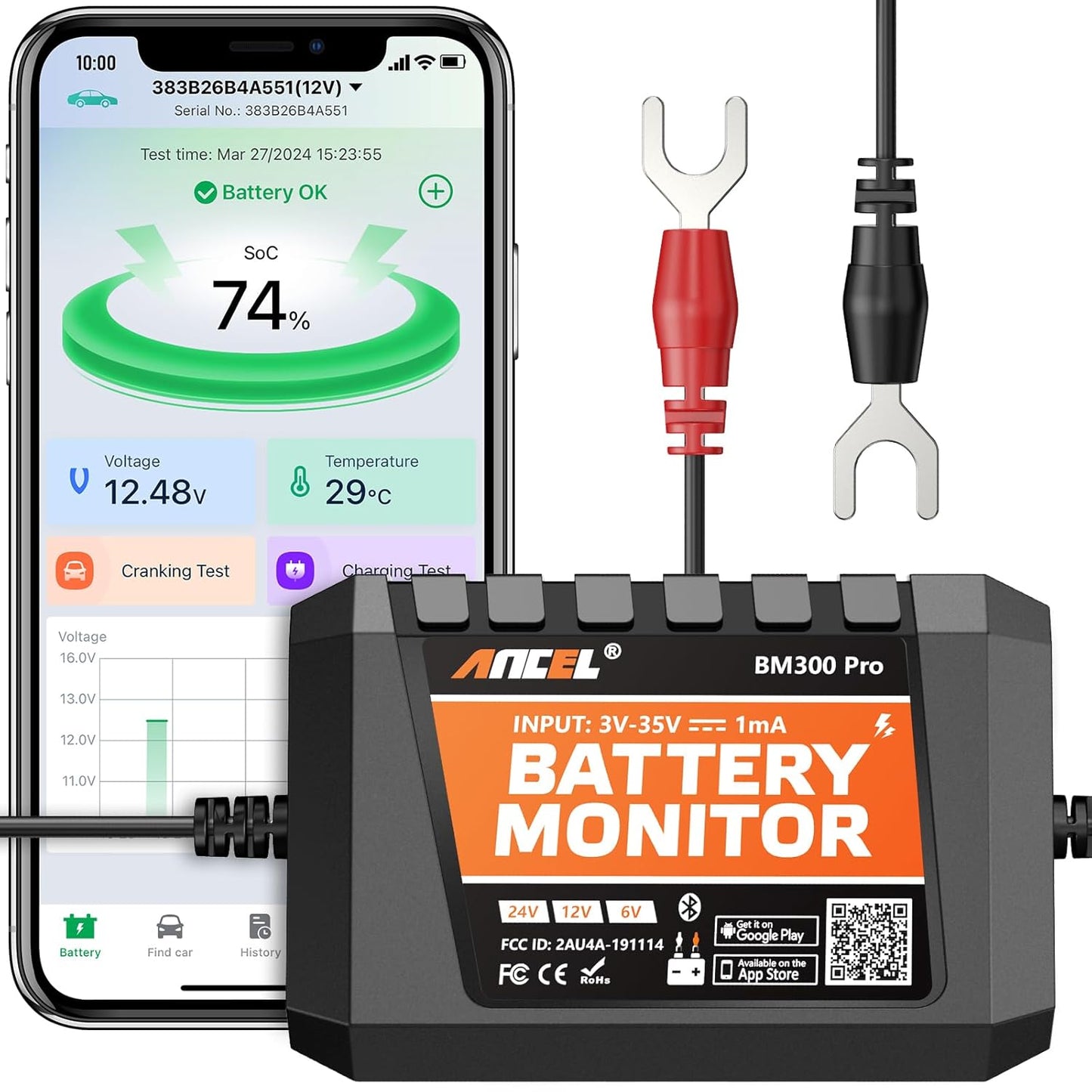 (Upgraded BM300) ANCEL BM300 Pro 6V 12V 24V Battery Monitor - Bluetooth 5.3 Battery Monitor with Charging, Cranking System Test & Alarm - IP67 Waterproof Voltmeter for Trucks, Cars, Motorcycles, Boats