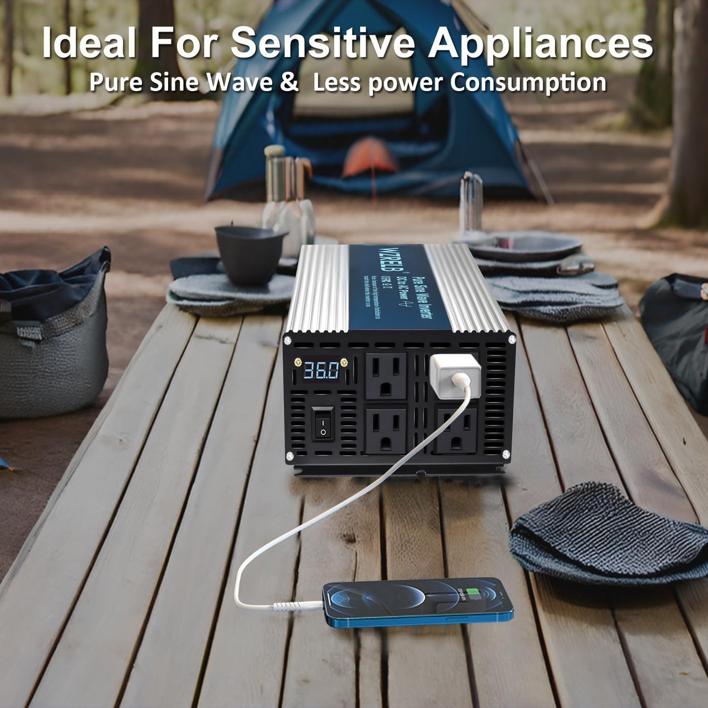 WZRELB 1800W Pure Sine Wave Inverter 36V DC to 110V 120V AC,Car Power Inverter with 4 AC Outlets, LED Display,Off-Grid Portable Power Converter for Home, RV, Truck, Camping