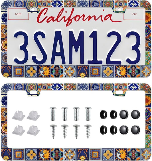 2Pack Mexican Tiles License Plate Frames Mandala Boho License Plate Frame Car Universal Aluminum Accessories Cars Decorative 2 Holes Screws Fits Standard US Vehicles Size 12.2 x 6 Inches