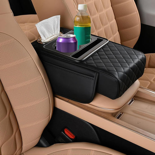Universal Car Armrest Cushion Organizer, Leather Armrest Cover for Car, 5-in-1 Center Console Cover with Cup Holder, Tissue Box Slot, Mobile Phone Storage Slot, Black