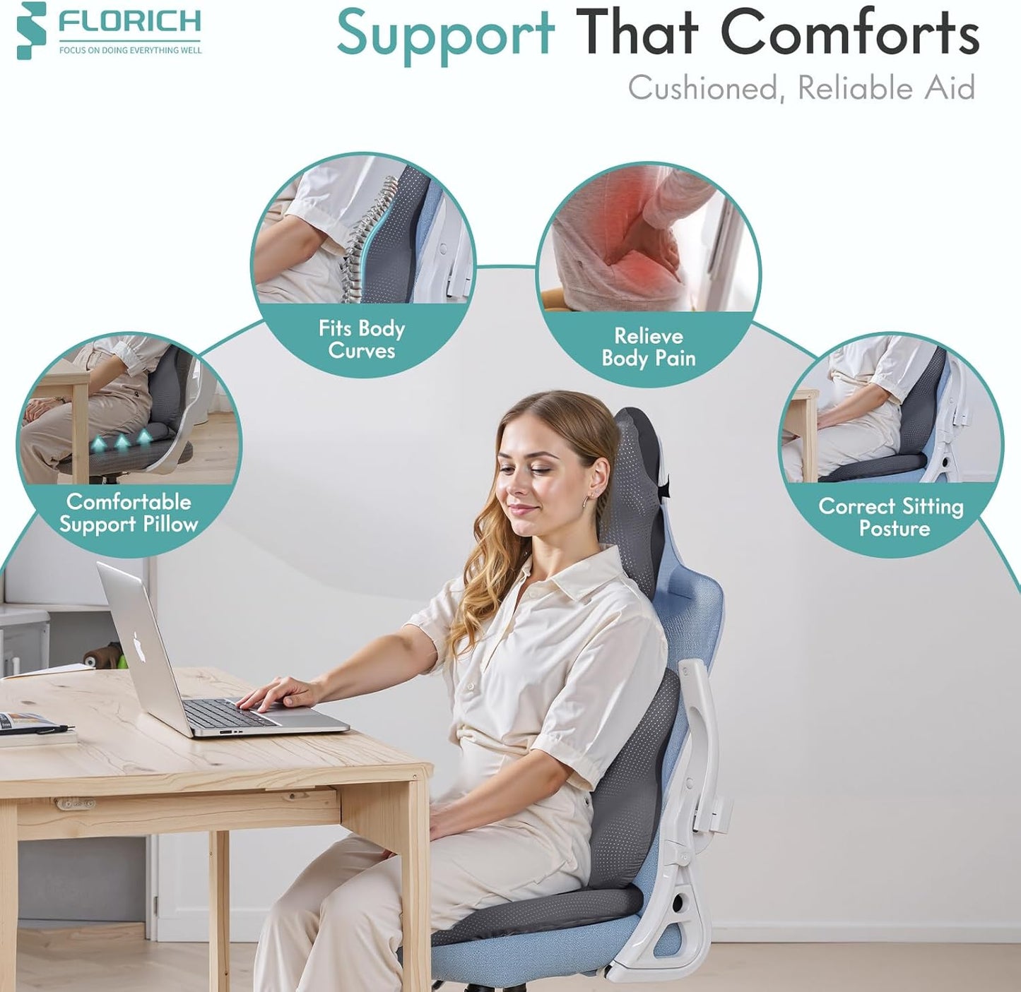 FLORICH Car Seat Cushion and Lumbar Support Pillow for Office Chair Car, Neck Headrest Pillow, Ergonomic Memory Foam, Pressure-Relieving Back Support for Car, Office Chair & Wheelchair – Gray