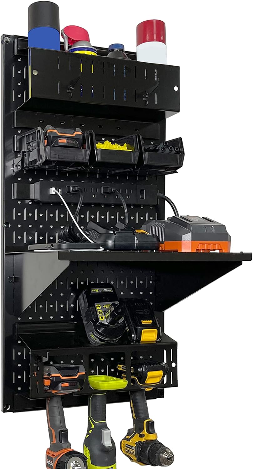 Wall Control Power Tool Storage Organizer Kit Cordless Drill Holder Charging Station Rack 16” x 32” Metal Pegboard Organization System (Black Pegboard)