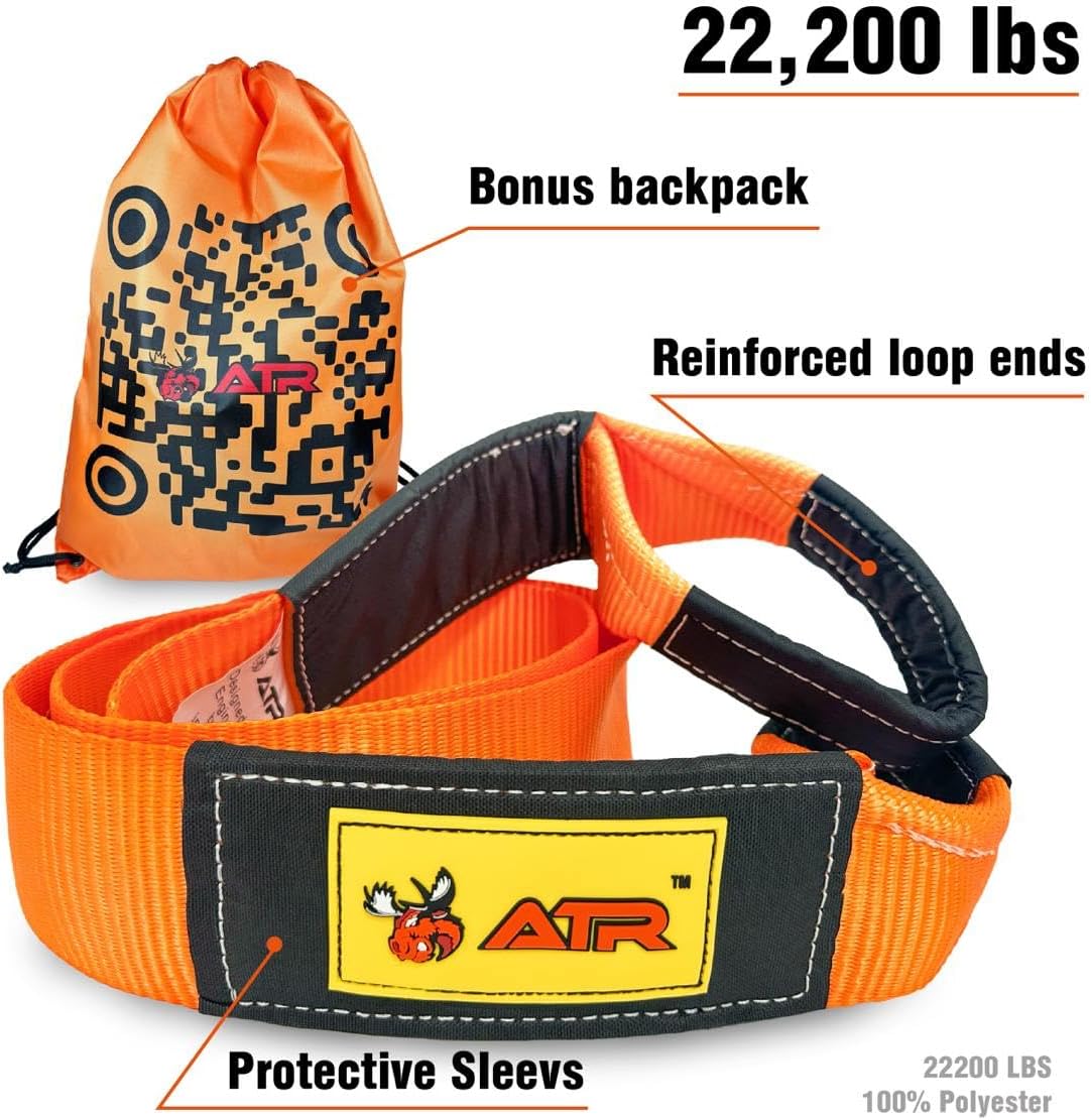 ATR Recovery Tow Strap 3" x 20ft – 22,200 lbs Breaking Strength, Heavy Duty Snatch Strap for Truck, SUV, Off-Road Pulling, Tow Rope with Storage Bag