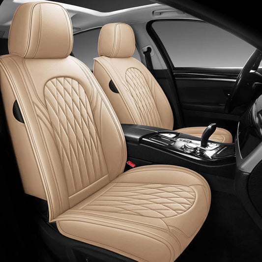 WELLDO Car Seat Covers Front Seats, Leather Seat Covers for Cars, Front Car Seat Protector Waterproof, Non-Slip Car Interior Covers Universal Automotive Seat Covers for Most Vehicle, Beige