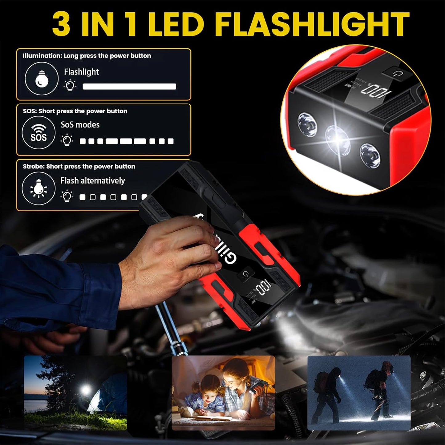 001B 4000A Car Jump Starter, Jump Starter Battery Pack for Up to 10L Gas and 8L Diesel Engines, Portable 12V Jump Box with USB Ports, LCD Display, Storage Case, LED Light