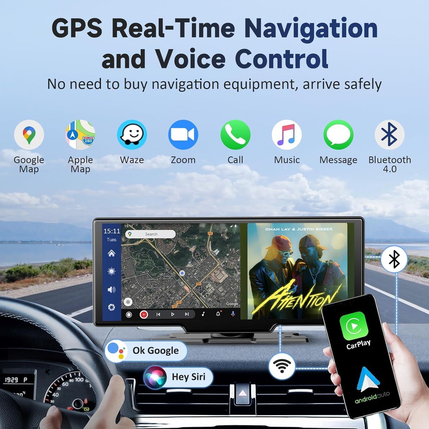 Wireless Portable Carplay Screen for Car - 10.26Inch Carplay & Android Auto Car Touch Stereo, with 4K Dash Cam, Backup Camera,Bluetooth,GPS Navigation