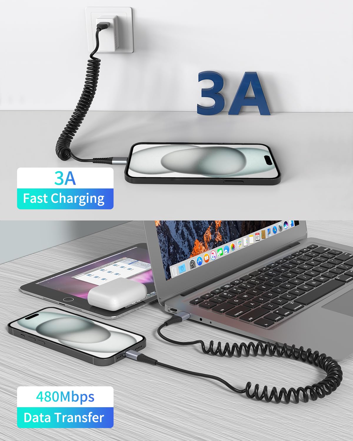 Coiled USB C Cable, 2 Pack USB Type C Coiled Cable for Car Short USB C Retractable Cable for iPhone 15 Pro Max, Samsung Galaxy S23 S22, Moto G8, Google Pixel, USB C Carplay Cord for Android Auto