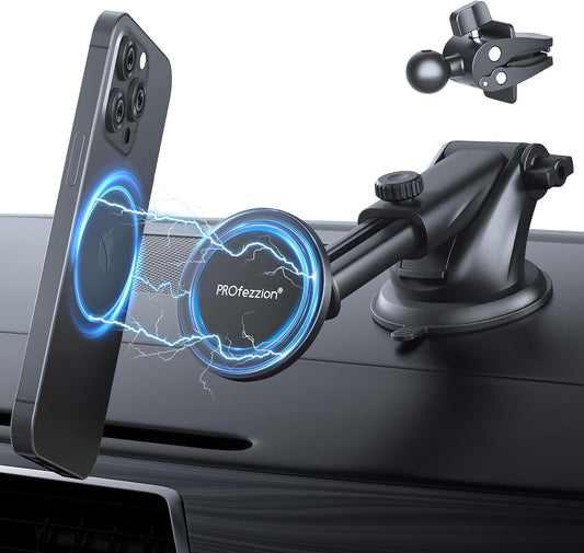 PROfezzion Suction Cup & Vent Clip Combo Magnetic Phone Holder Compatible with MagSafe on Car Dash, Windshield or Vent for iPhone 16 15 14 13 Pro Max Plus, Mag-Safe Case & All Phones [Telescopic Arm]