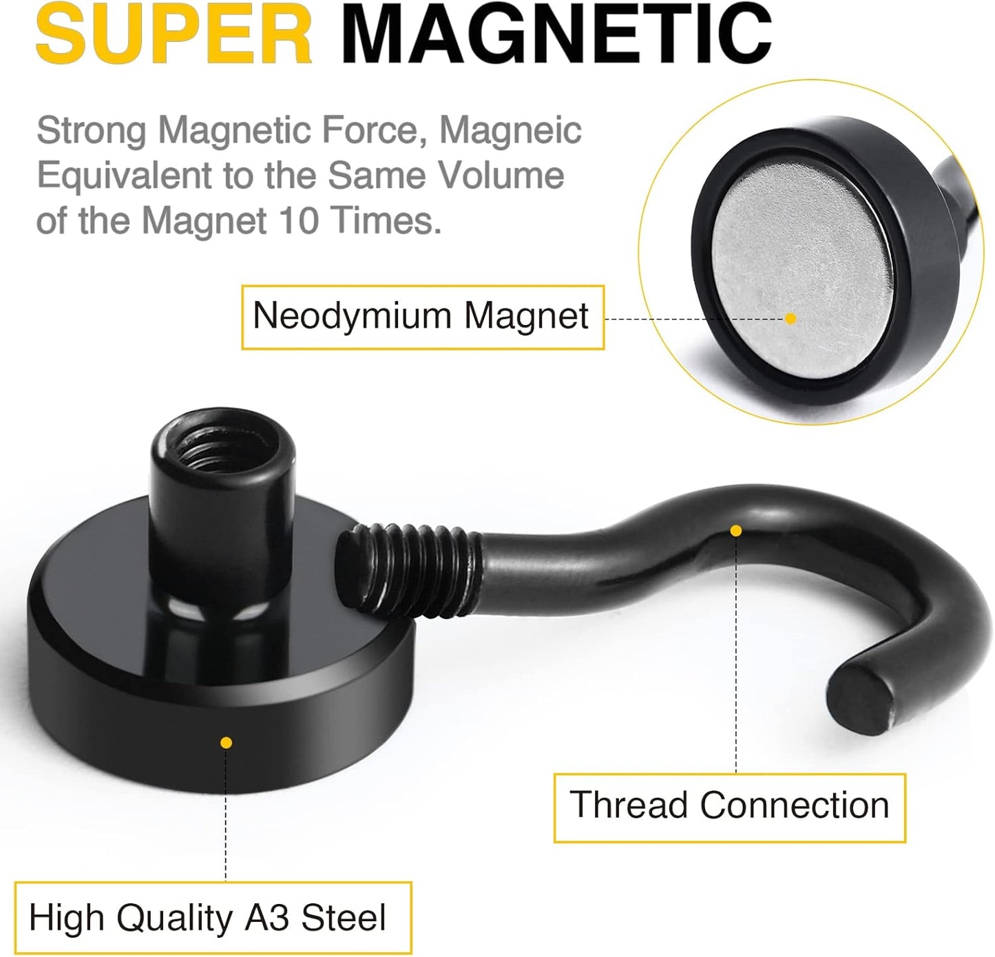 DIYMAG Magnetic Hooks for Refrigerator, Extra Strong Cruise Hook, Heavy Duty Earth Magnets with Hook for Hanging, Magnetic Hanger for Cabins, Grill (45P-Black)