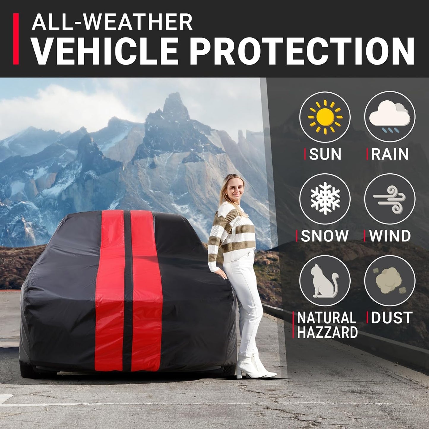 iCarCover Custom Car Cover for Pontiac Ventura (1960-1961) Waterproof All-Weather Rain Snow UV Sun Protector Full Exterior Indoor Outdoor Car Cover (Stripe - Black/Red)