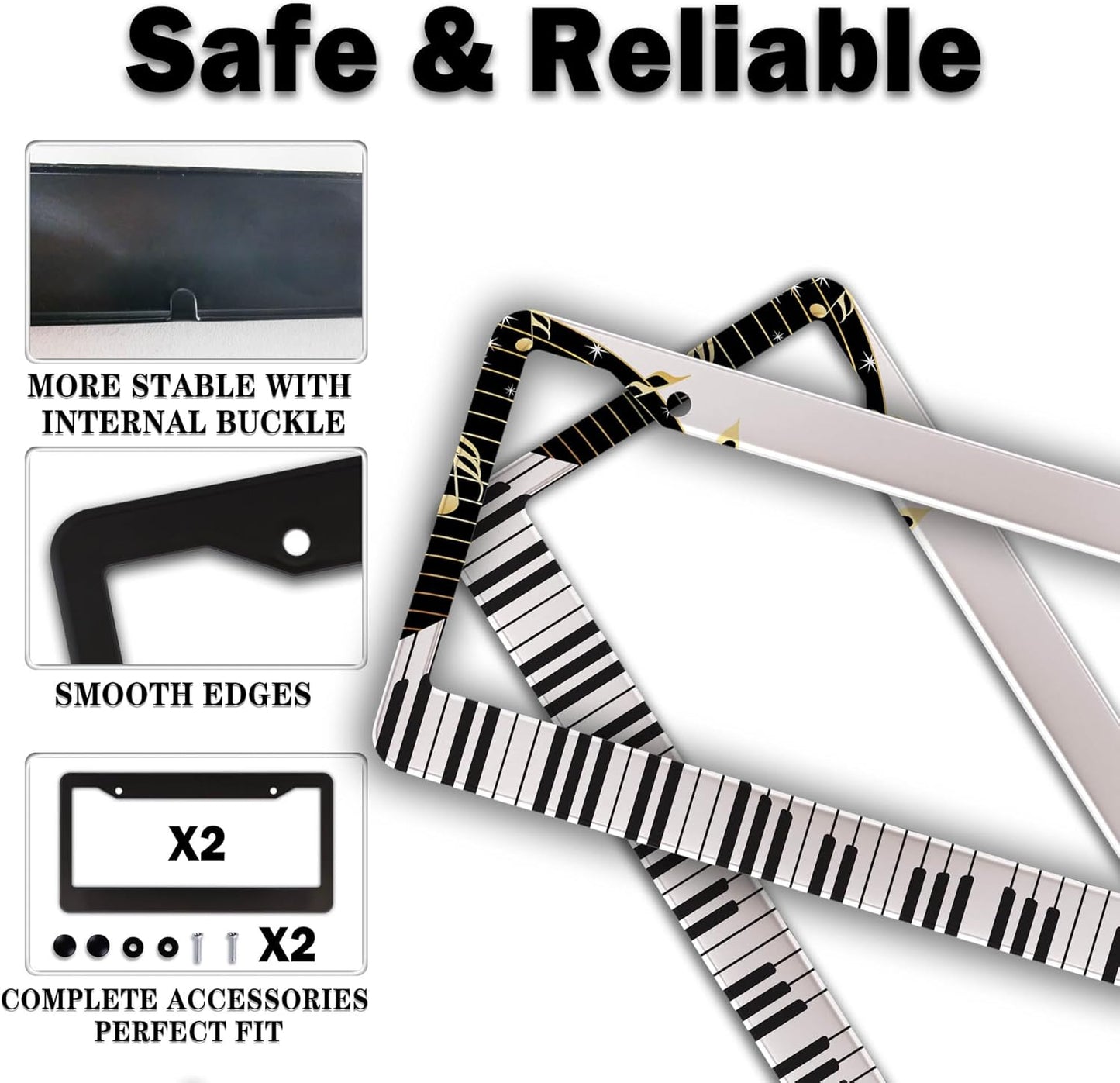 License Plate Bracket Black and White License Plate Frames Beautiful Piano Keys Music Notes Aluminum Metal Car Accessory 2 Pack with Screw Covers Set