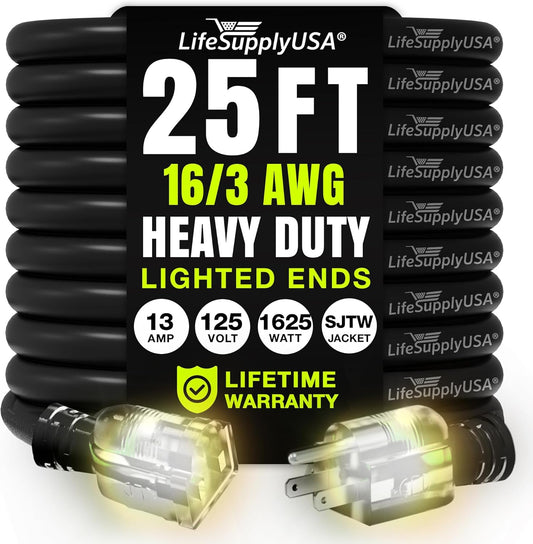 25ft Outdoor/Indoor Extension Cord 16/3 Gauge Heavy Duty 3 Prong SJTW, Waterproof, Flexible Cold-Resistant Long Power Cord,13A 125V 1625W, Black by LifeSupplyUSA
