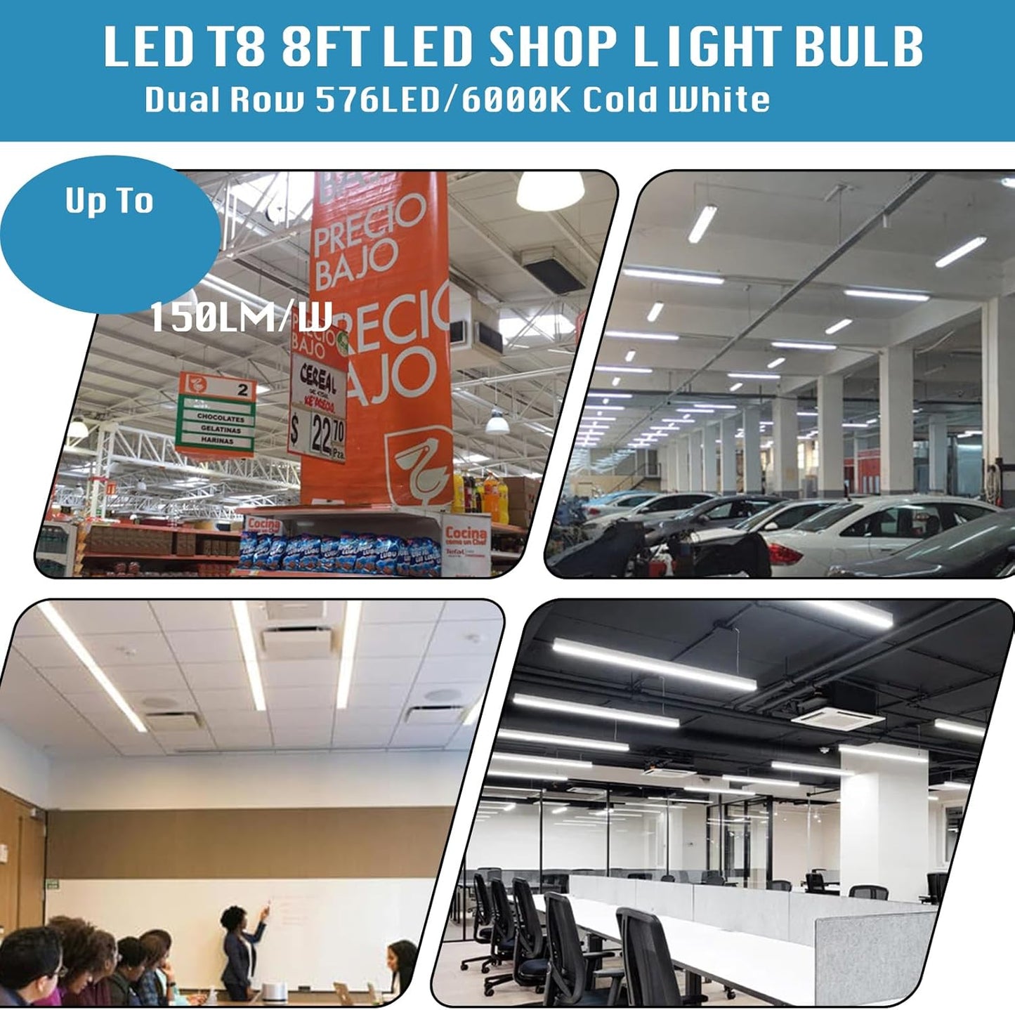 12-Pack, 8 Foot LED Bulbs, 100W 15000lm 6000K Cold White, Super Bright, T8 T10 T12 LED Tube Lights, FA8 Single Pin LED Lights, Frosted Cover, 8 Foot LED Bulbs to Replace Fluorescent Light Bulbs