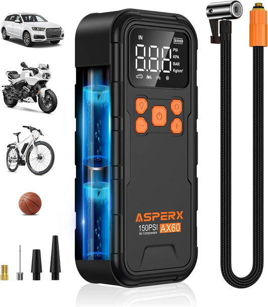 Tire Inflator Portable Air Compressor, 150PSI Cordless Air Pump for Car Tires, 3X Faster Air inflator Tire Pump with Digital Pressure Gauge and Emergency LED Light for Motorcycle Bike Ball Car