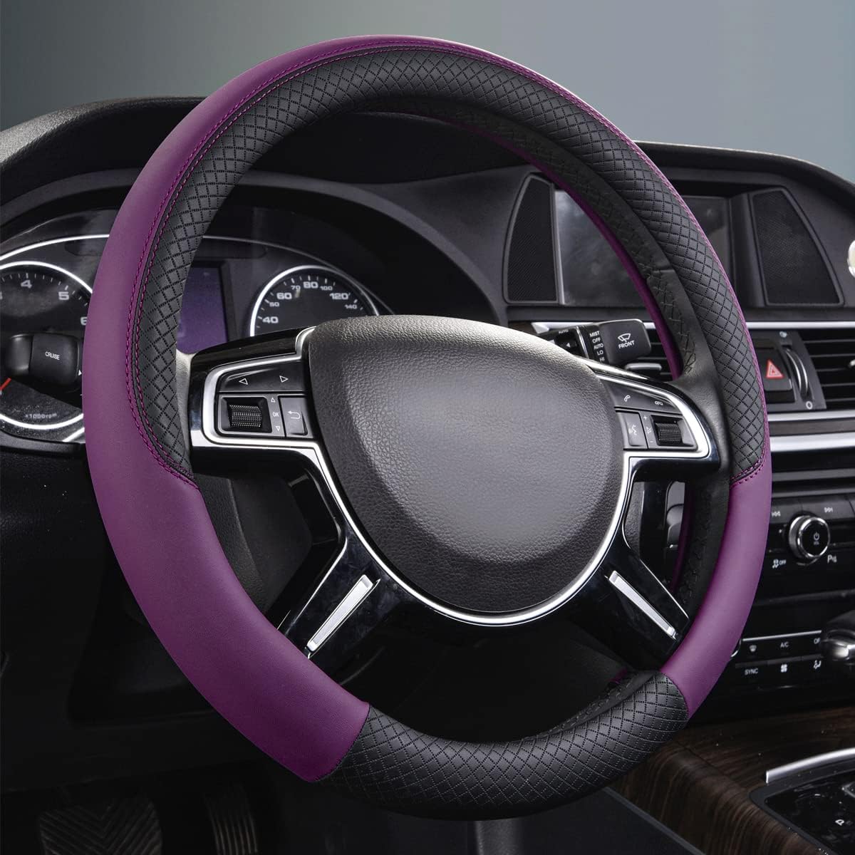 CAR PASS Rhombus Leather Universal Steering Wheel Cover, Fit for Suvs,Trucks,Cars,Sedans,Vans (Black&Dark Purple)