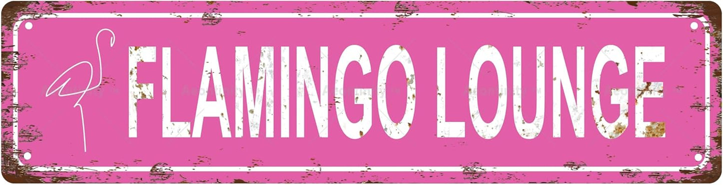 FLAMINGO LOUNGE Space Vintage Metal Tin Street Sign Bar Cafe Garage Cave Home Room Wall Bathroom Farmhouse Garden Porch Patio Decor, 16 x 4 Inch