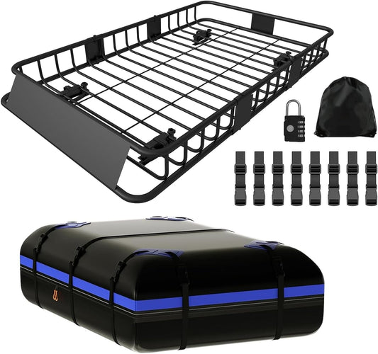 FORWODE Roof Rack Carrier Basket, 64" x 39" Rooftop Cargo Carrier with 250 lbs Capacity, Rust-Proof Steel Heavy Duty Car Top Luggage Basket with Waterproof Cargo Bag for SUV Truck Cars