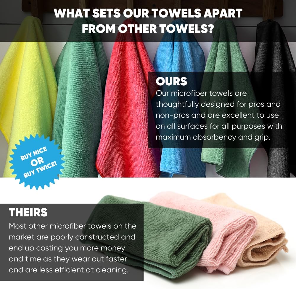 16" x 16" All Purpose Microfiber Towels - 50 Pack - Reusable Wash Cloths, Dust, Kitchen, Car, Shop Rags for Cleaning (Black)