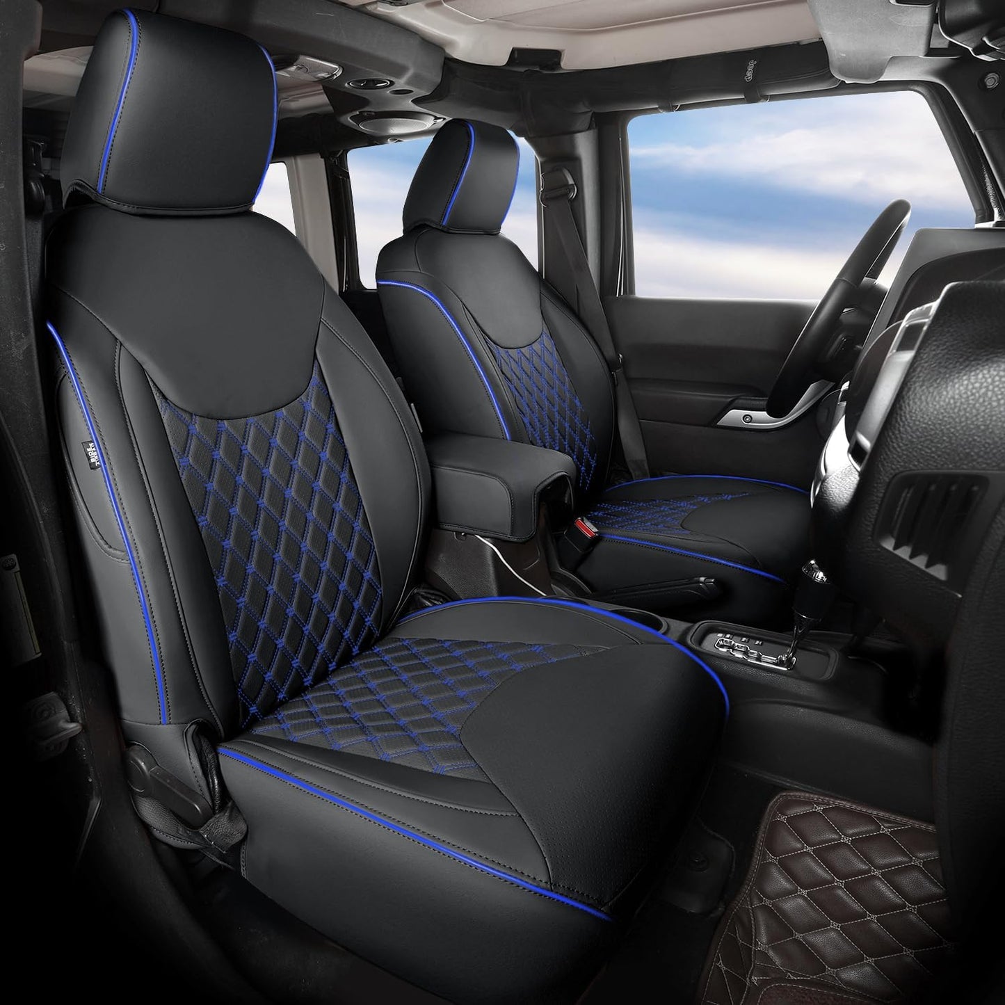 GIANT PANDA Customized Full Set Car Seat Covers for Jeep Wrangler 4 Door JK Sahara Sport Rubicon Unlimited Willys Wheeler Altitude 2013 2014 2015 2016 2017, Faux Leather - (Black+Blue)