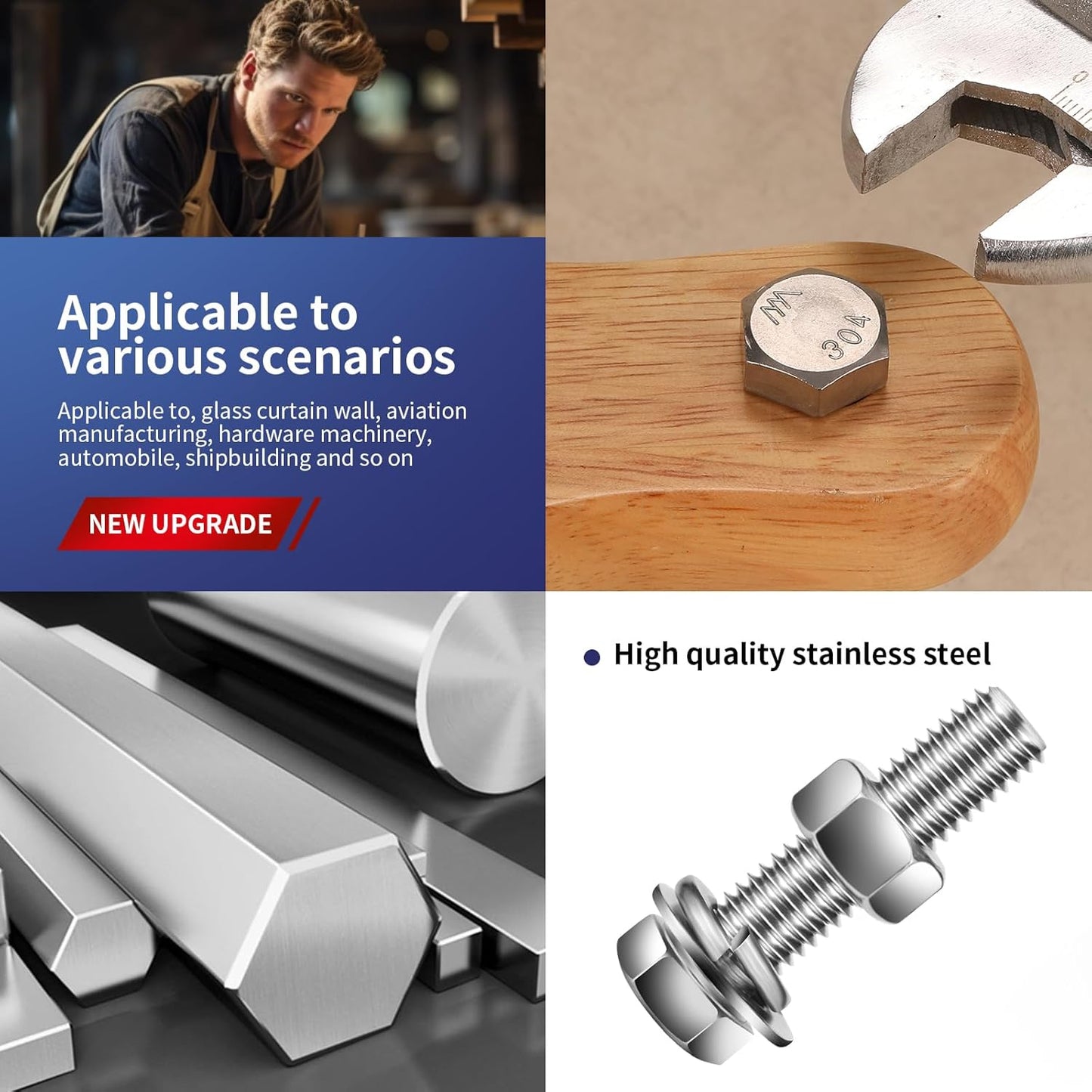 1/4-20 x 2" Hex Head Screw Bolt, Nuts, Flat & Lock Washers, 10Pcs 18-8 (304) Stainless Steel, Fully Threaded, by SG TZH