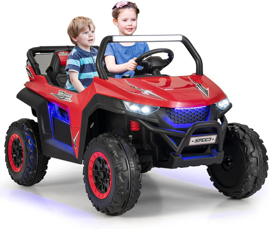 Costzon 2-Seater Ride on Car for Kids, 12V Kids' Electric Vehicles w/Remote Control, 4 Shock Absorbers, Wireless Music & FM, 3 Speeds, Ambiance Lights, Electric Car UTV for Boys Girls (Red)
