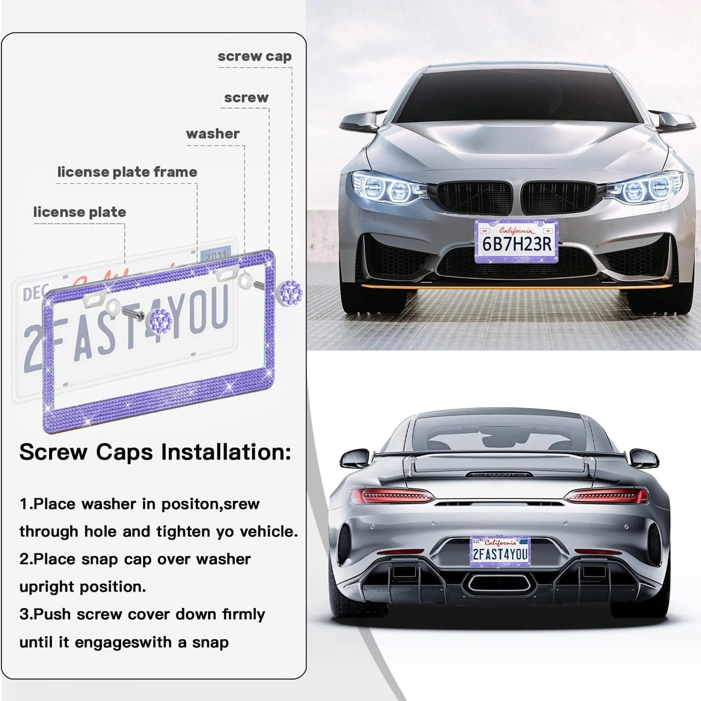 2 Pack License Plate Frames for Women, Sparkly Rhinestone Diamond Car Accessories with Glitter Crystal Caps (Purple (2PCS))