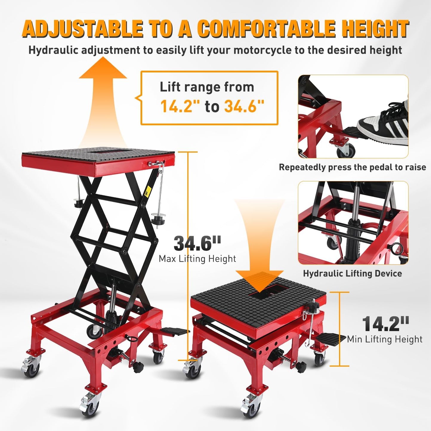 Nilight Motorcycle Lift Table Jack 300 LBS Heavy Duty Hydraulic Motorcycle Scissor Jack Lifts Table Foot Pedal with 4 Caster Wheels Wide Deck for Motorbike Dirt Bike ATV Garage Repair Tool, Red